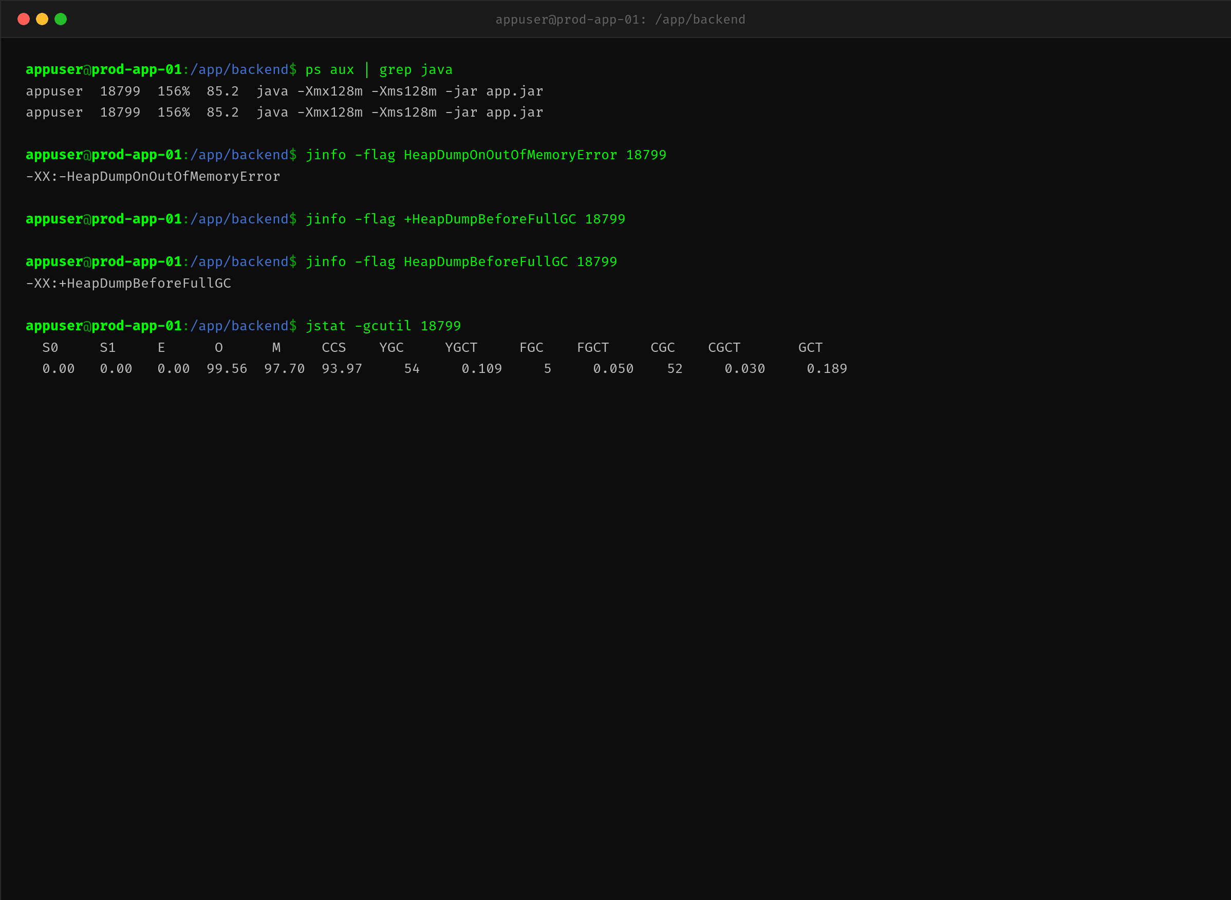 jinfo 确认未开启自动 dump
