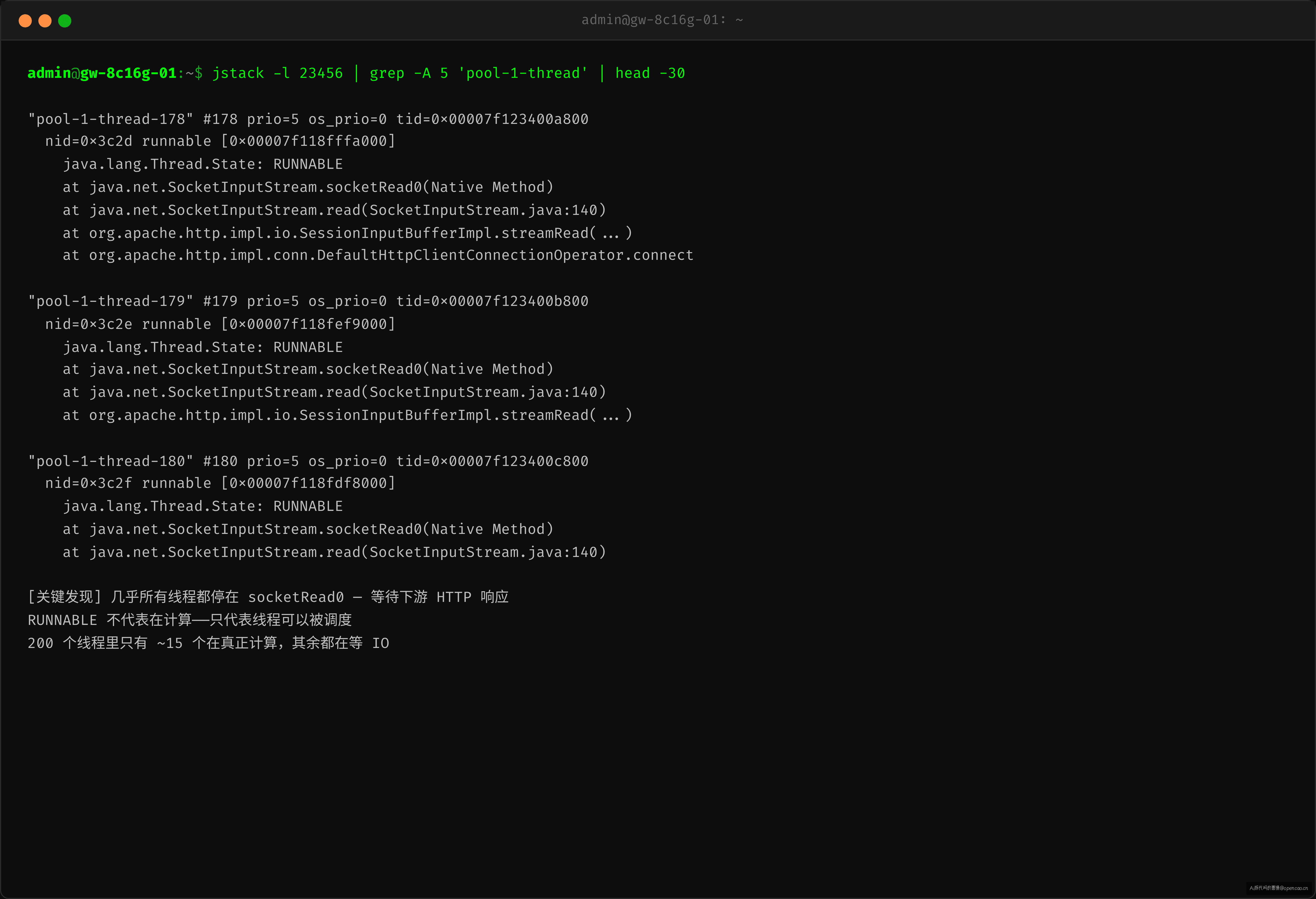 jstack 输出显示 195 个 RUNNABLE 线程