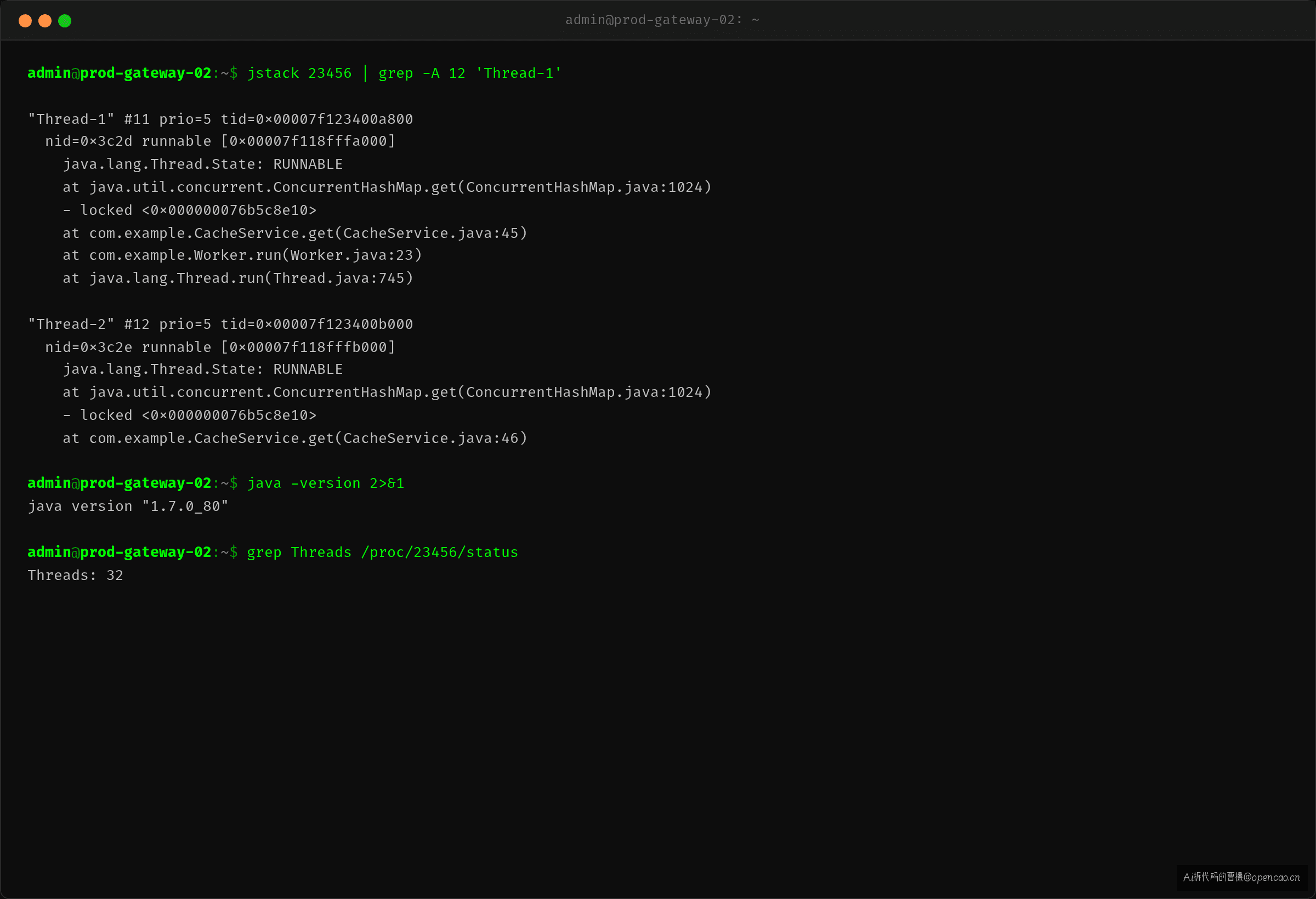 jstack 输出：所有线程全部停在 ConcurrentHashMap.get()，状态 RUNNABLE