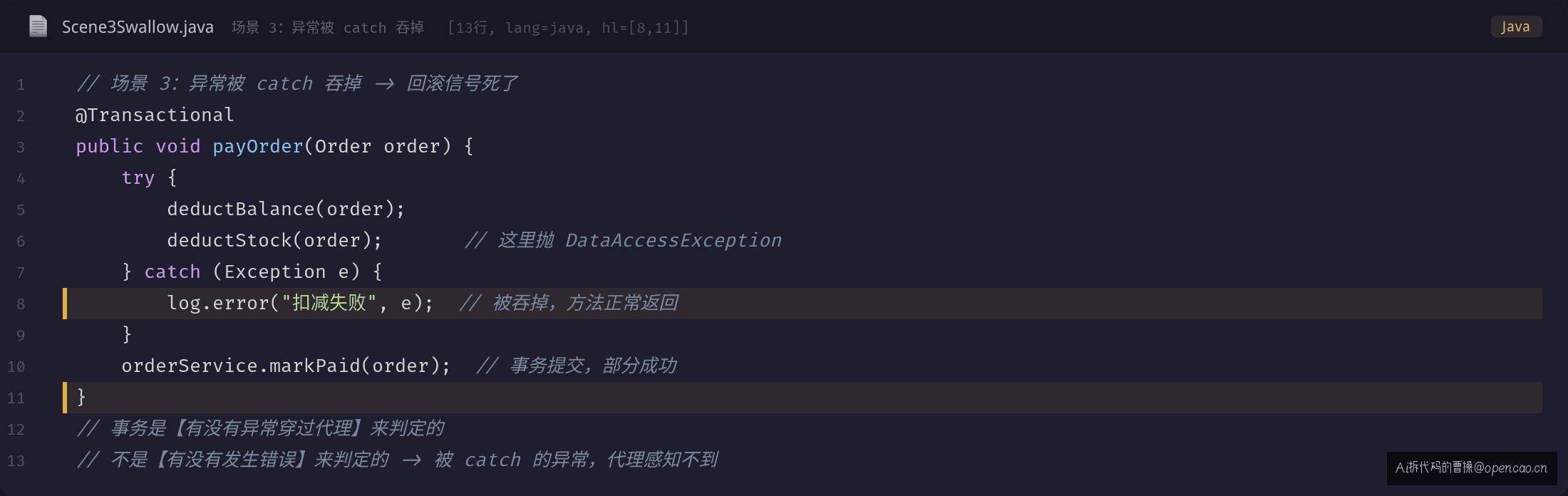 场景 3:异常被 catch 吞掉