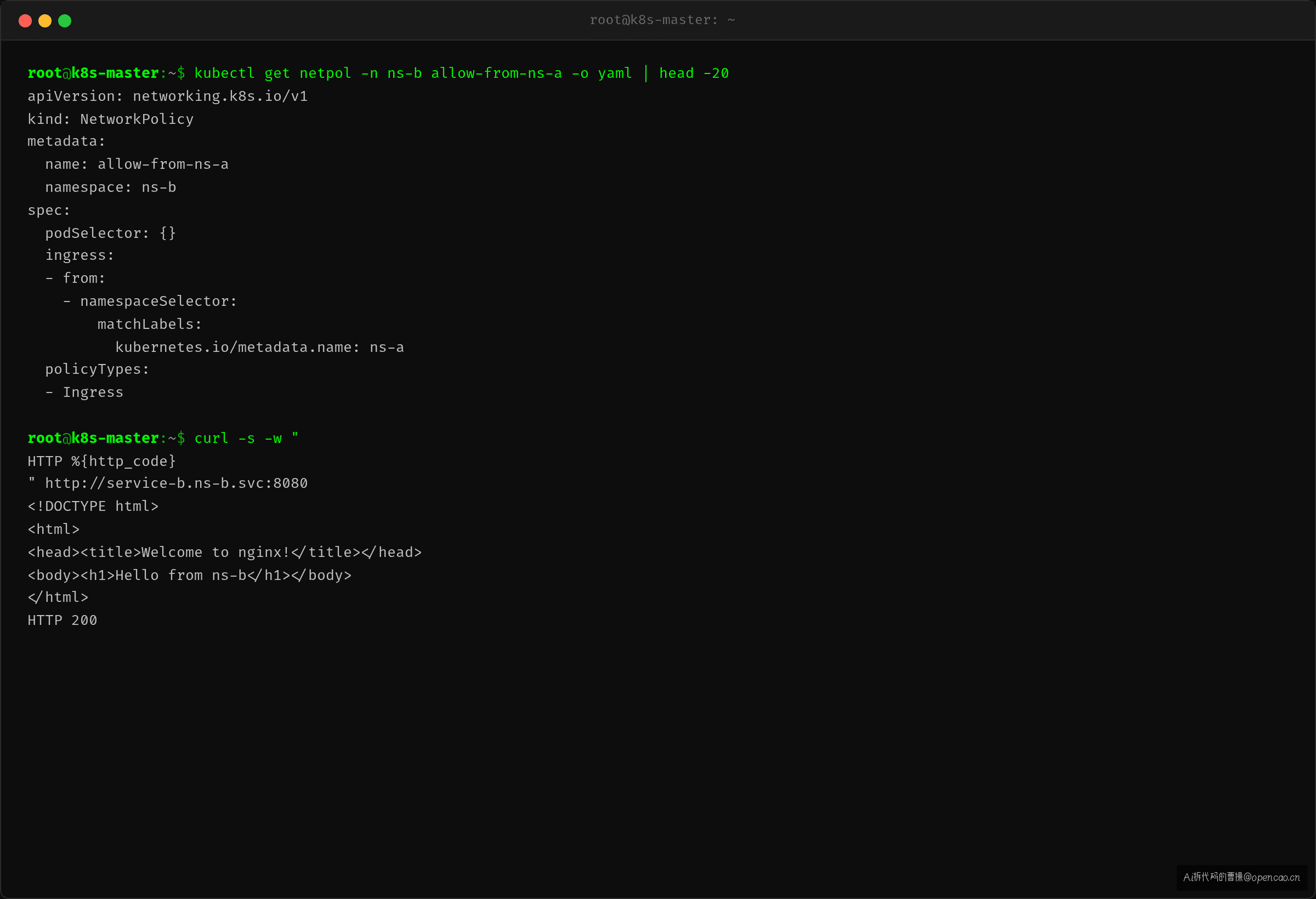 最终验证:cross-namespace 调用返回 HTTP 200