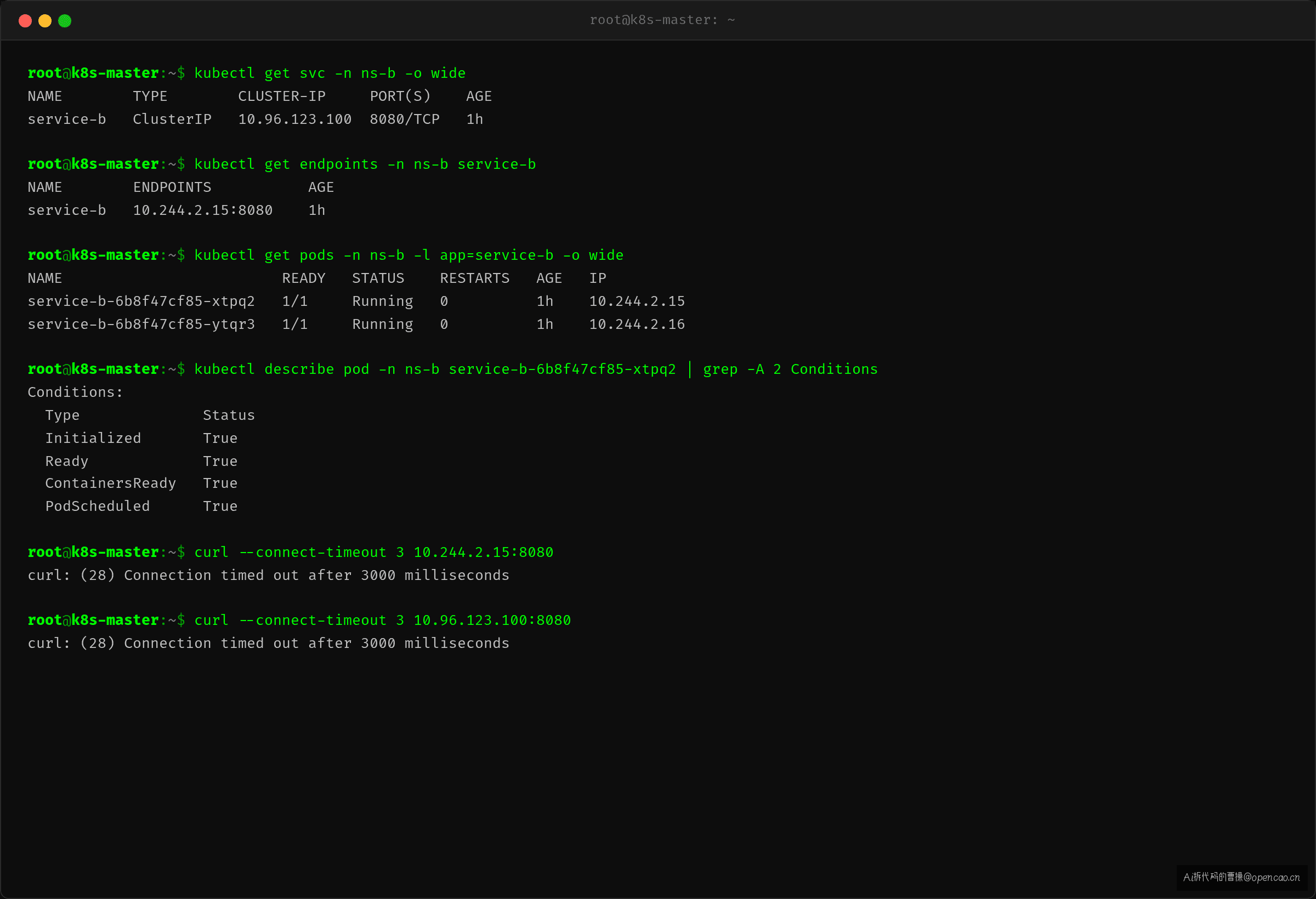 Service 和 Endpoints 状态:ClusterIP 存在、Endpoints 有 IP——但直连 Pod IP 也超时