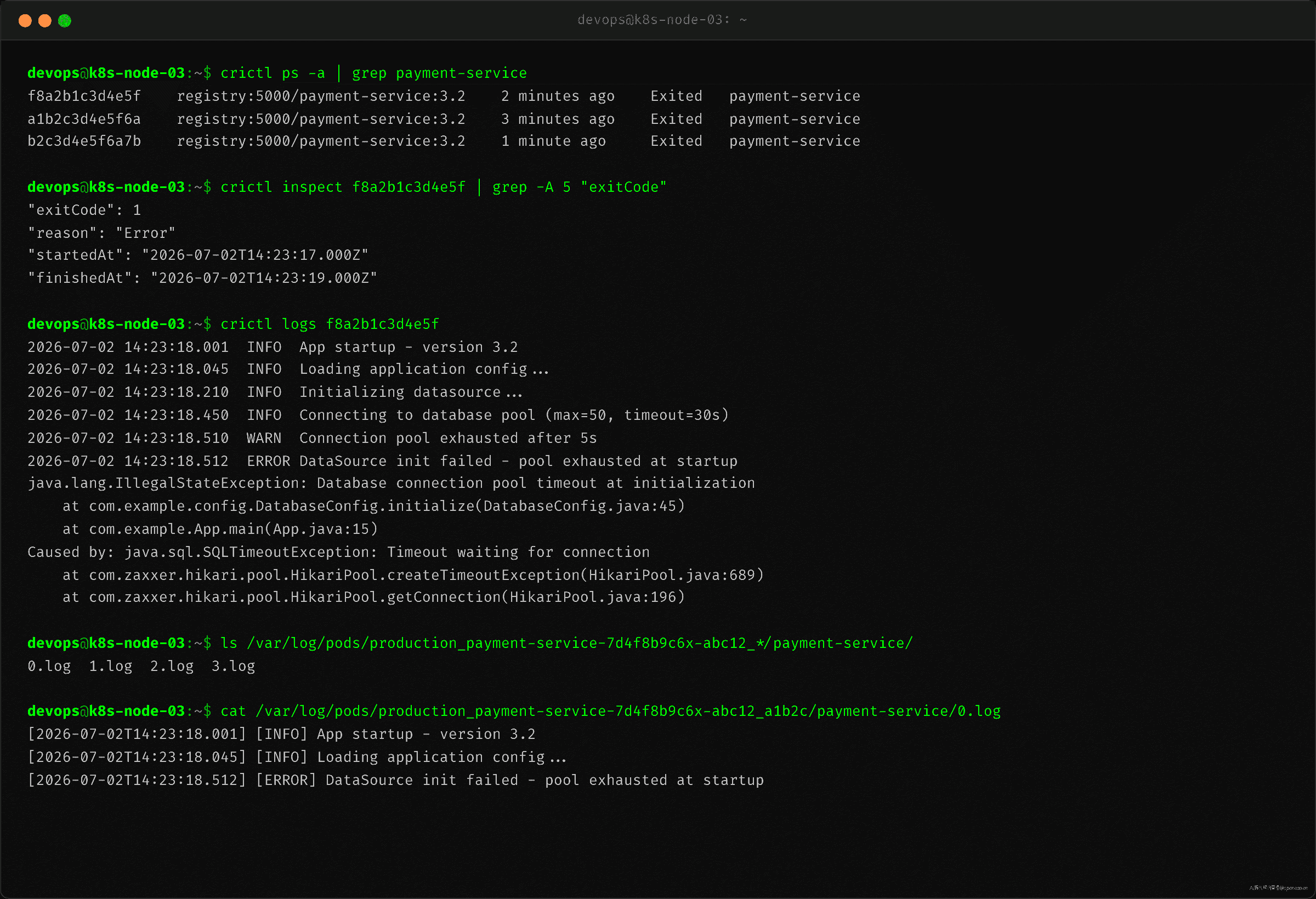crictl ps -a + crictl logs 读取已退出容器的日志