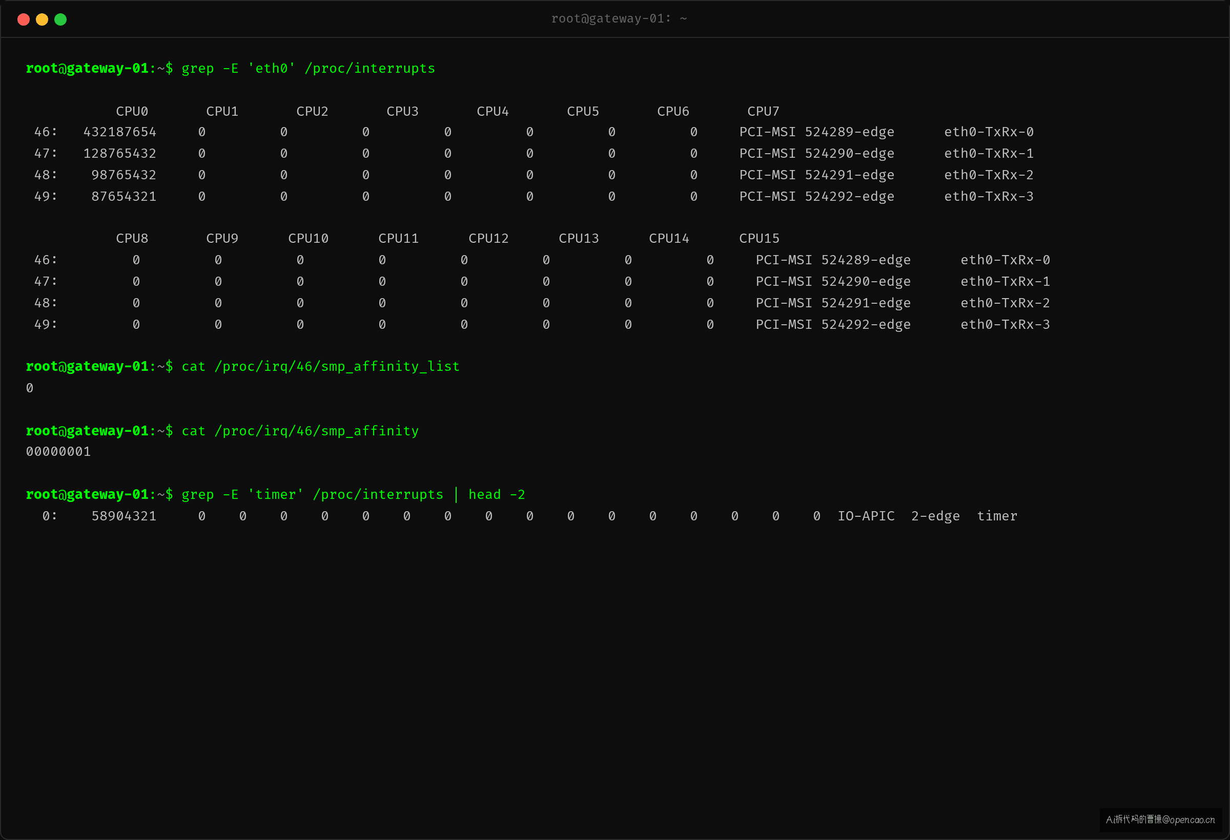 cat /proc/interrupts 输出——eth0 的 4 个 TX/RX 队列中断计数全部堆在 CPU0 列,CPU1-15 为 0