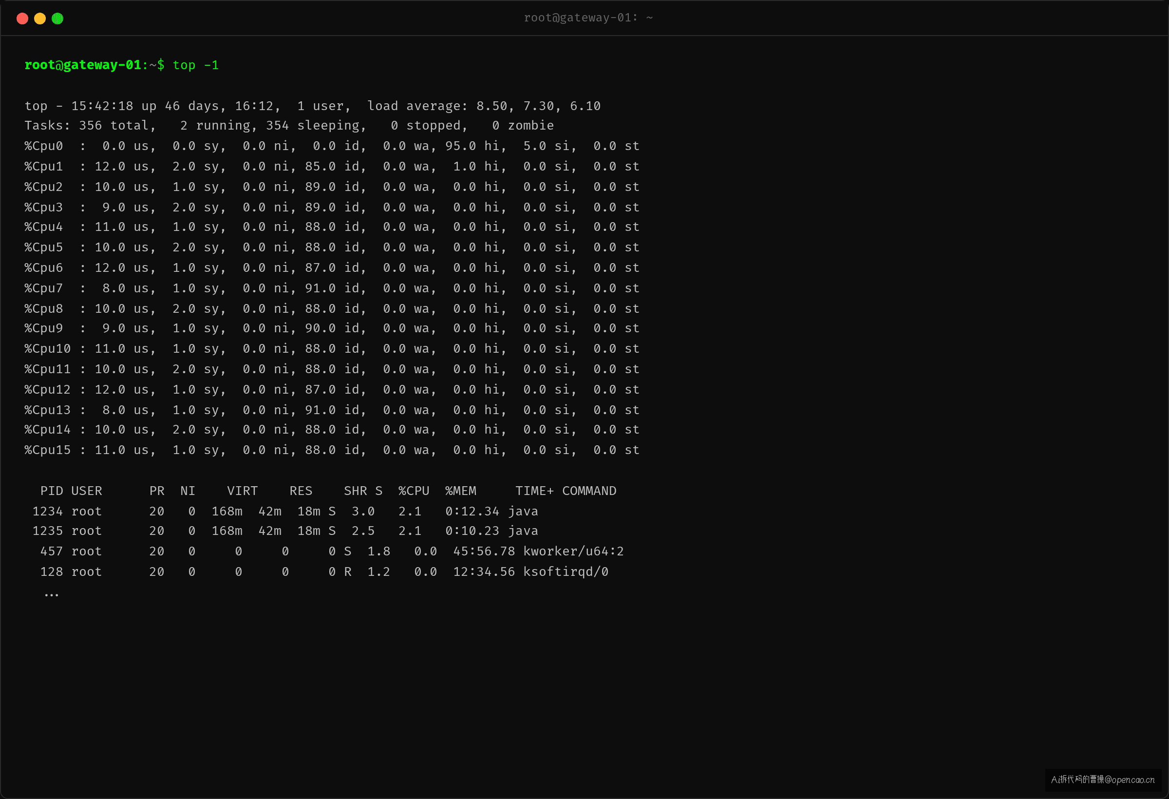 top -1 展开每个核——CPU0 的 hi 列 95%,其余 15 核 hi 全在 0-1%