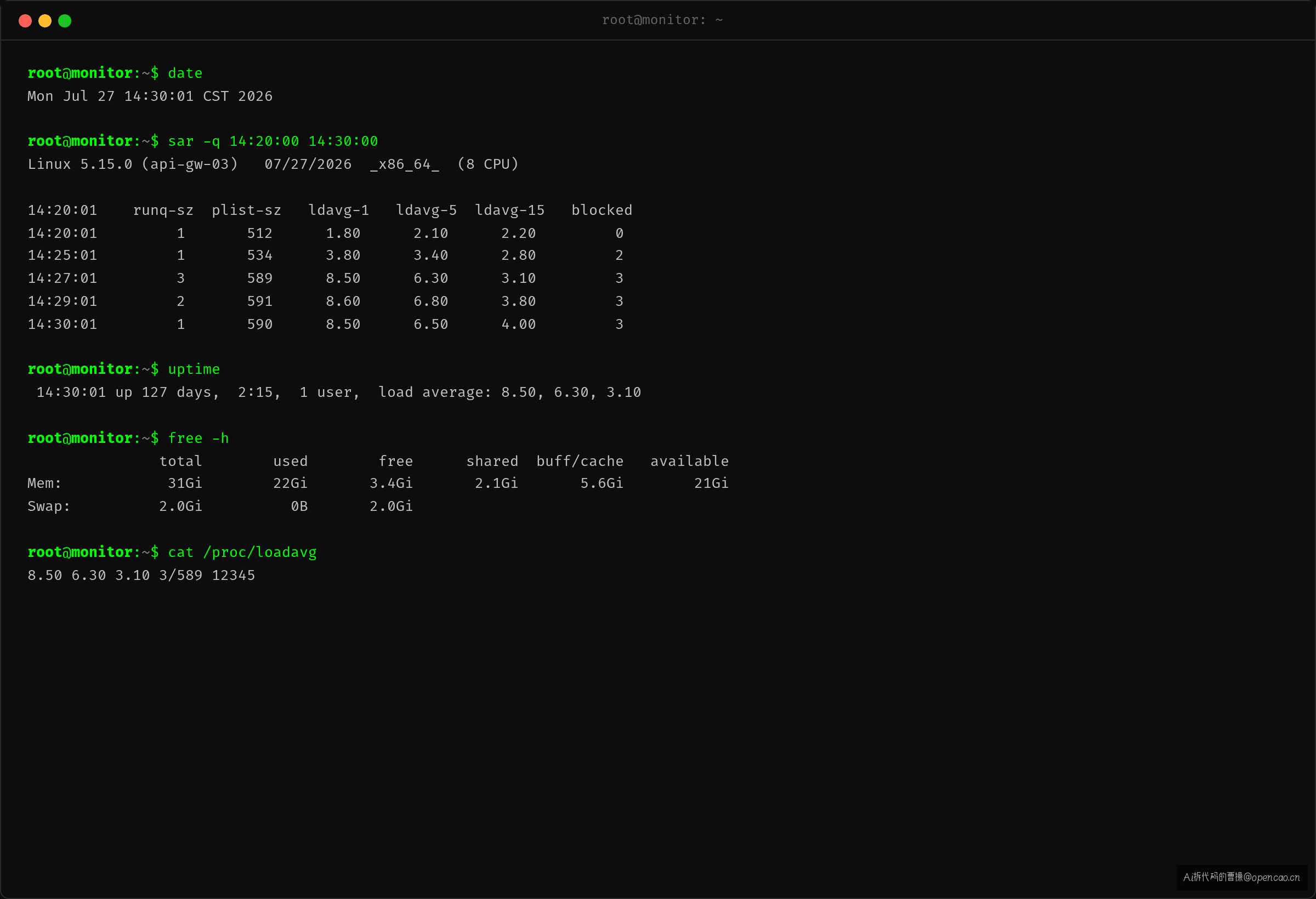监控面板:CPU 30%、Load 8.5、RT 5s