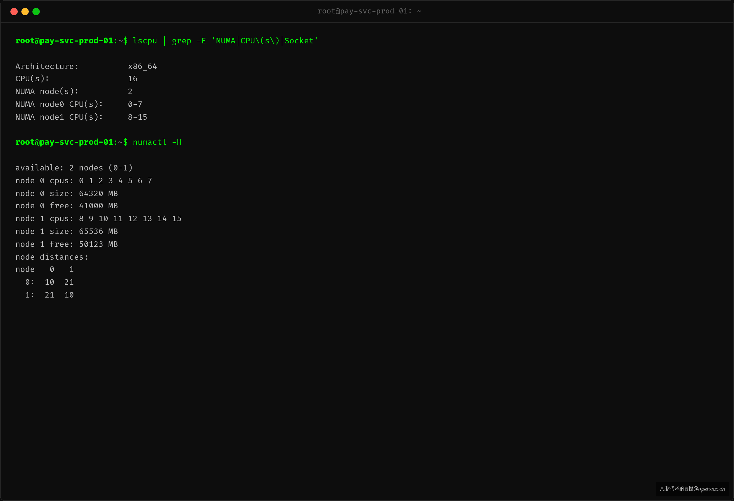 numactl -H 输出——2 个 NUMA 节点,node0 有 CPU0-7 和内存,node1 有 CPU8-15 和内存,跨节点距离 21
