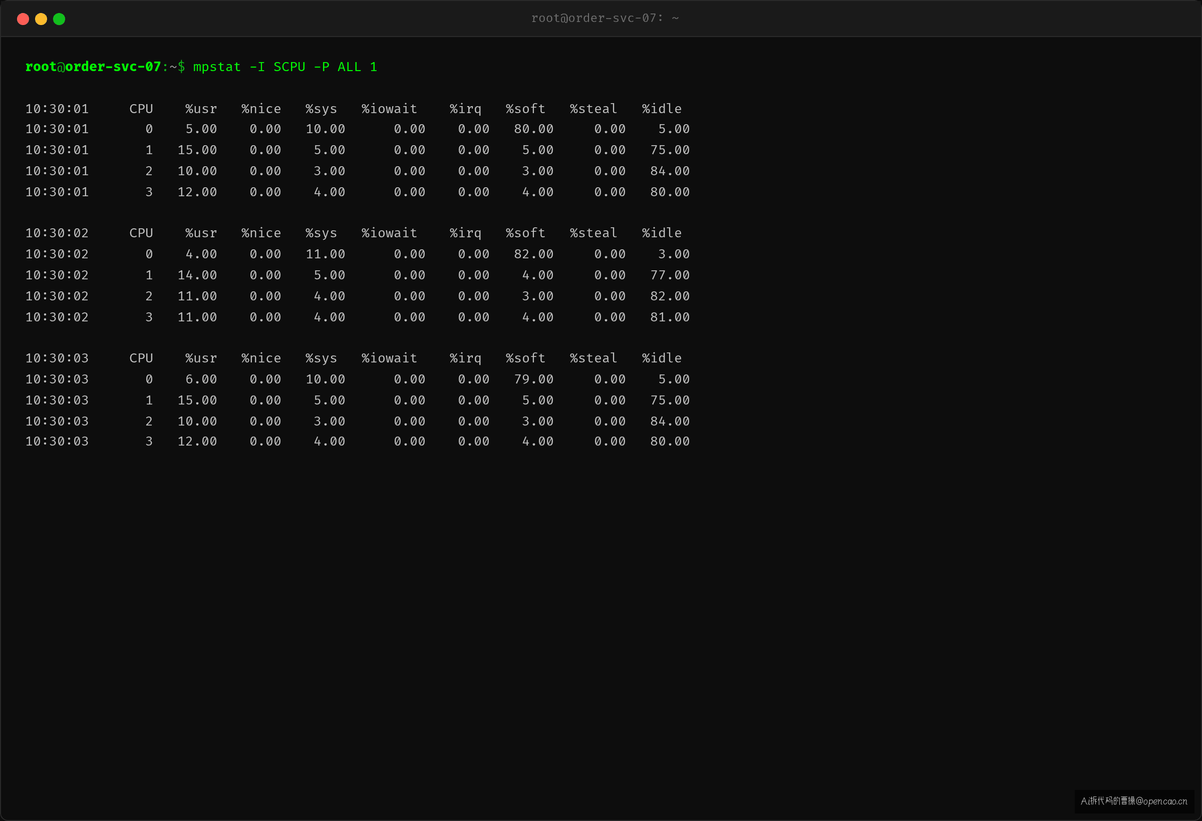mpstat -I SCPU -P ALL 1 输出——CPU0 的 %soft 为 80%,其余核均为 3-5%