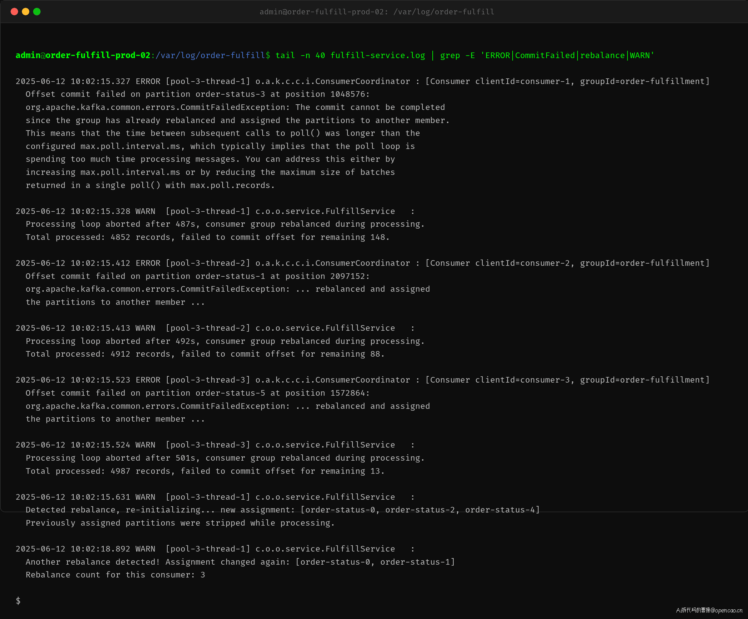 应用日志：CommitFailedException