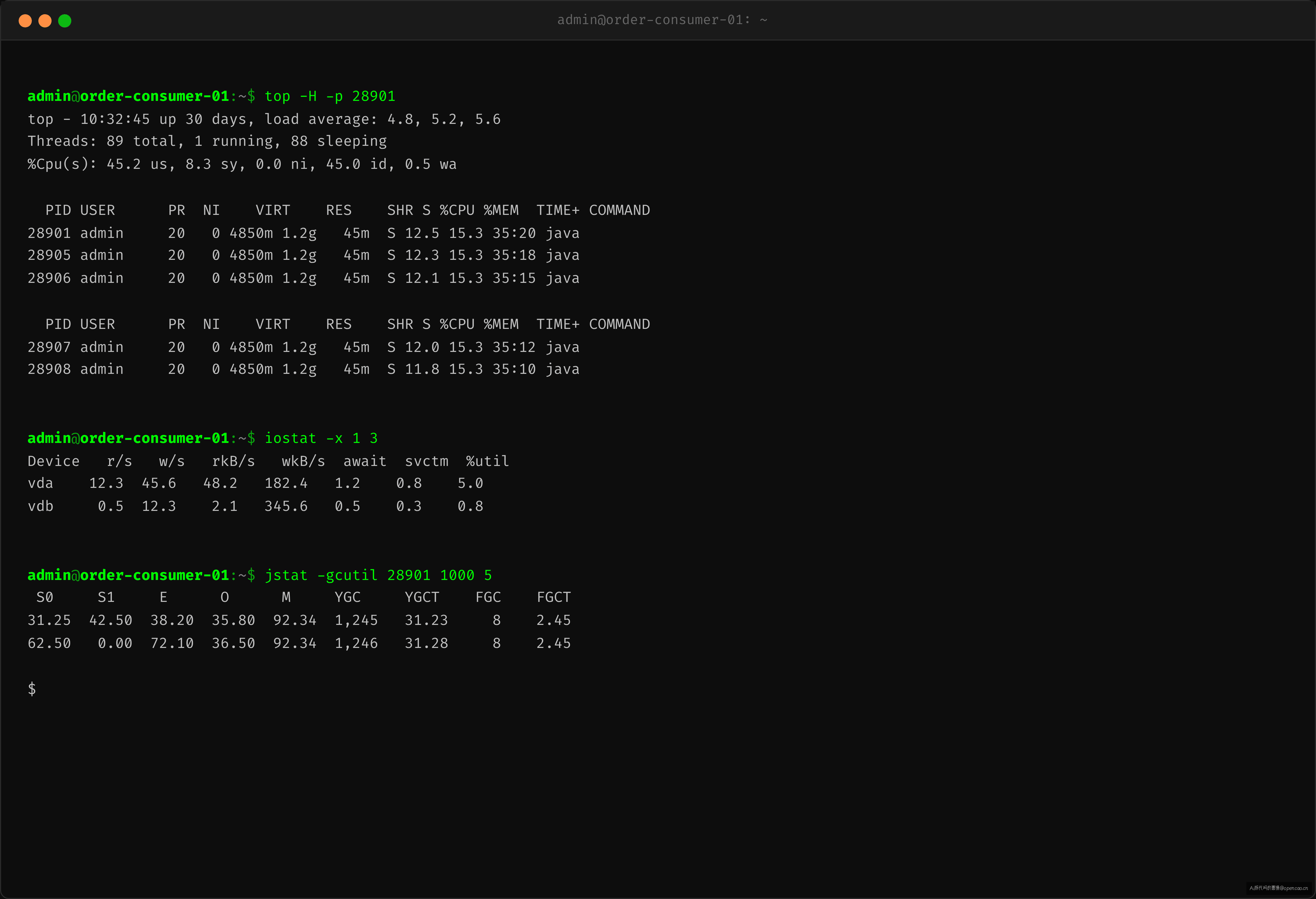 OS 层排查：top + iostat + jstat